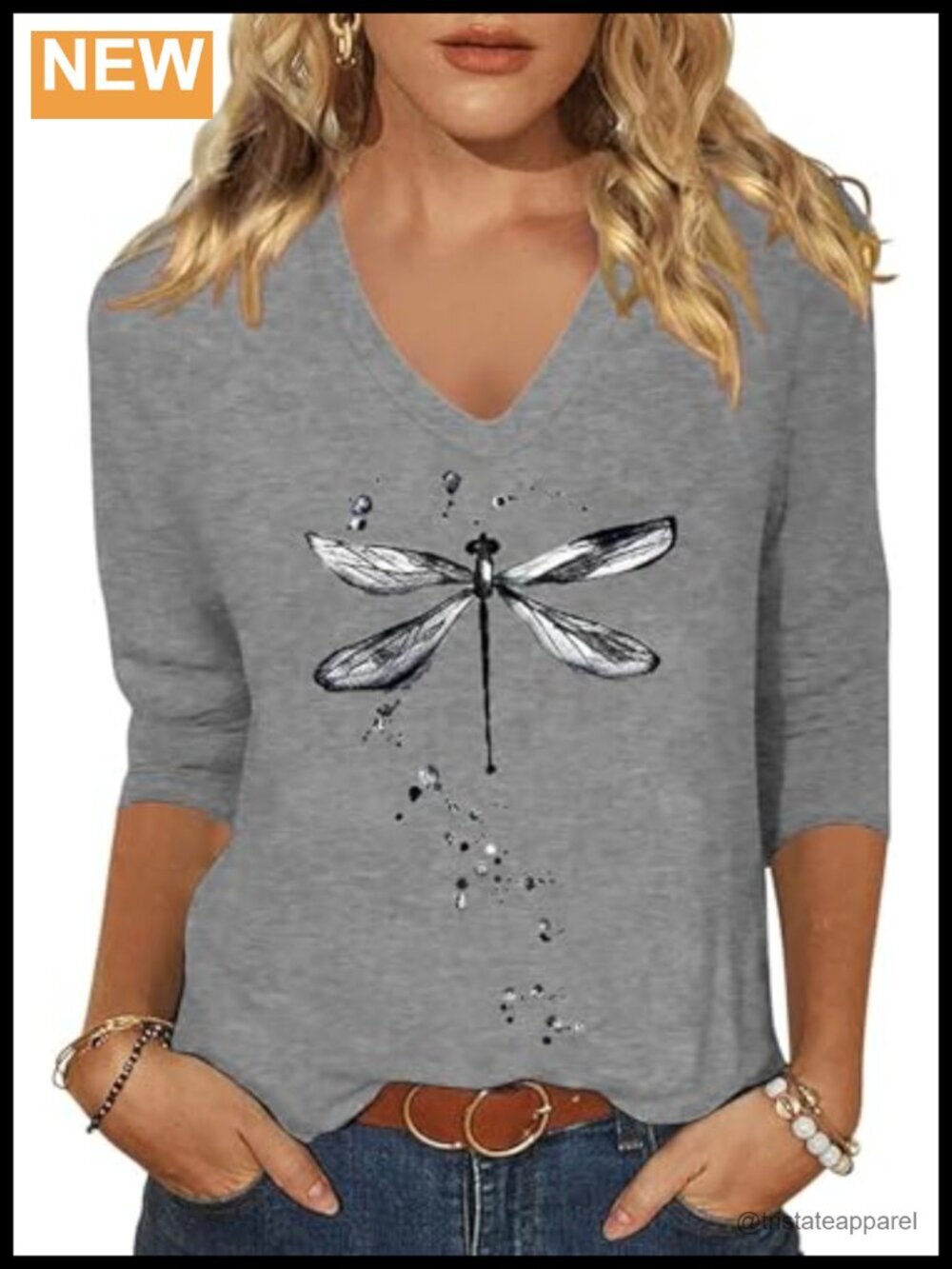 Boho Floral Printed V-Neck T-Shirt 3/4 Sleeve Casual Tee